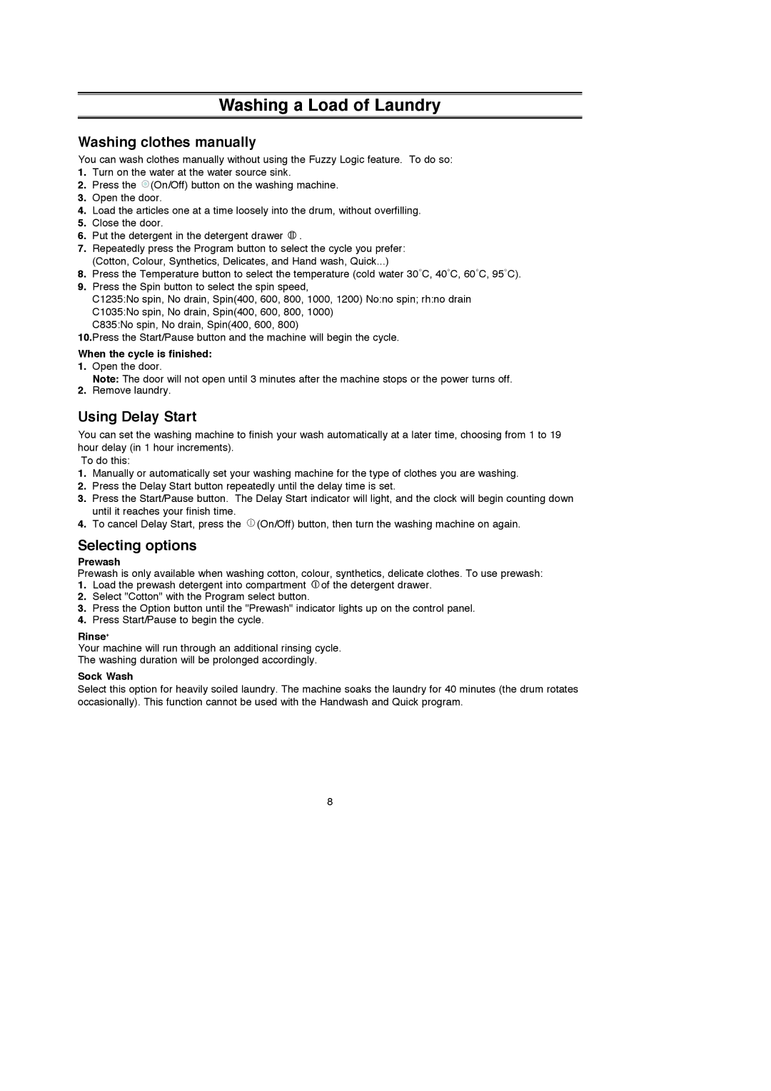 Samsung C835, C1235, C1035 appendix Washing clothes manually, Using Delay Start, Selecting options 