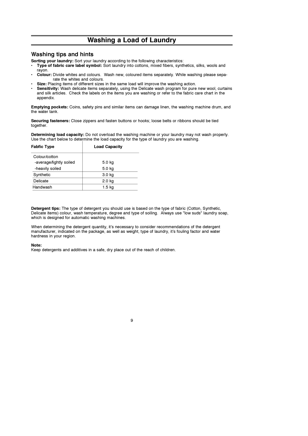 Samsung C1235, C1035, C835 appendix Washing tips and hints, Fabfic Type Load Capacity 