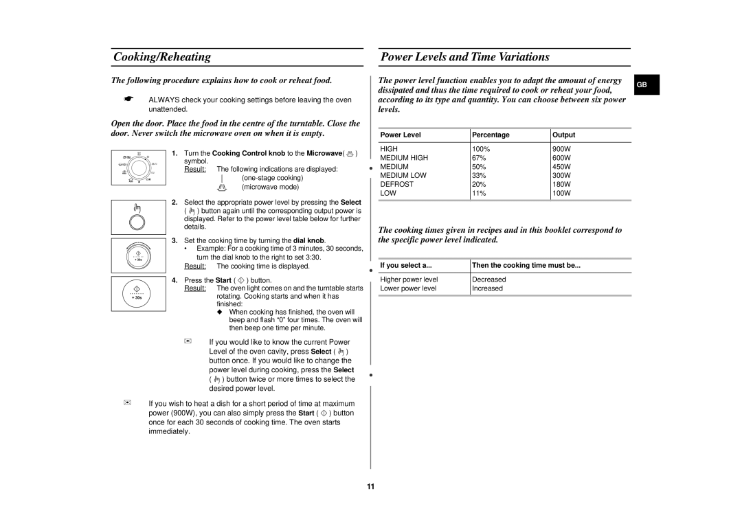 Samsung C138STT, C139STB, C138STB, C139STT Cooking/Reheating Power Levels and Time Variations, Power Level Percentage Output 