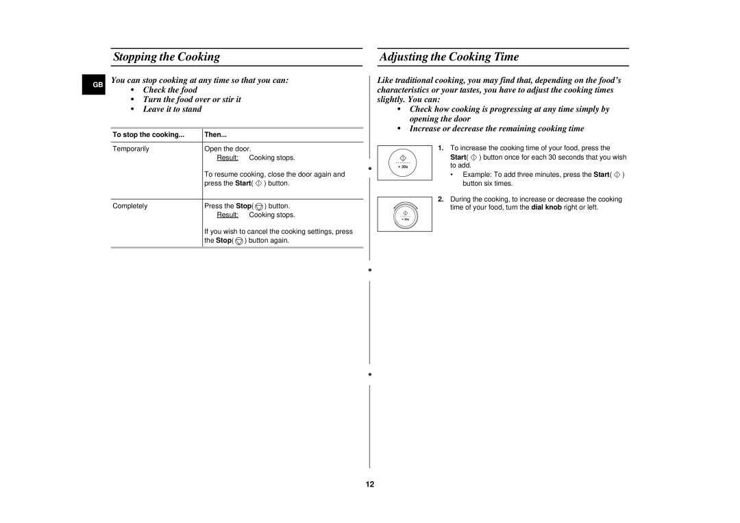 Samsung C138STF, C139STB, C138STB, C139STT Stopping the Cooking, Adjusting the Cooking Time, To stop the cooking Then 