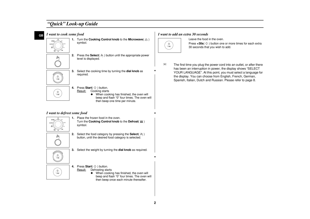 Samsung C139STT, C139STB, C138STB, C138STT Quick Look-up Guide, Turn the Cooking Control knob to the Microwave symbol 