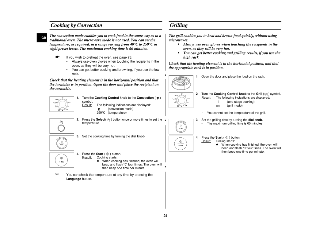 Samsung C139STB, C138STB, C139STT Cooking by Convection Grilling, Turn the Cooking Control knob to the Convection symbol 