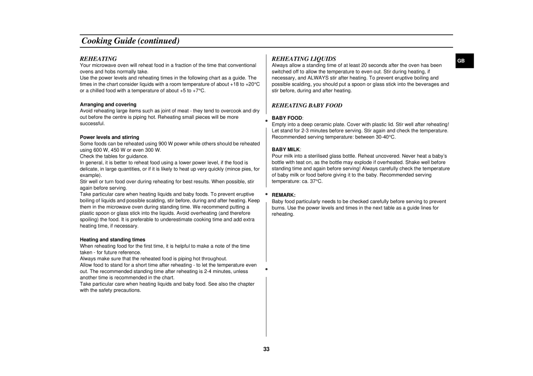 Samsung C138STB, C139STB, C139STT, C138STT, C138STF, C139STF technical specifications Reheating Liquids, Reheating Baby Food 