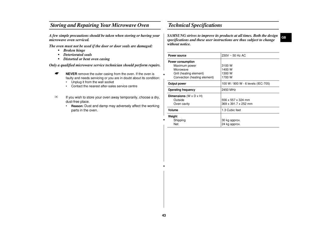 Samsung C138STT, C139STB, C138STB, C139STT, C138STF, C139STF technical specifications Dimensions W x D x H 