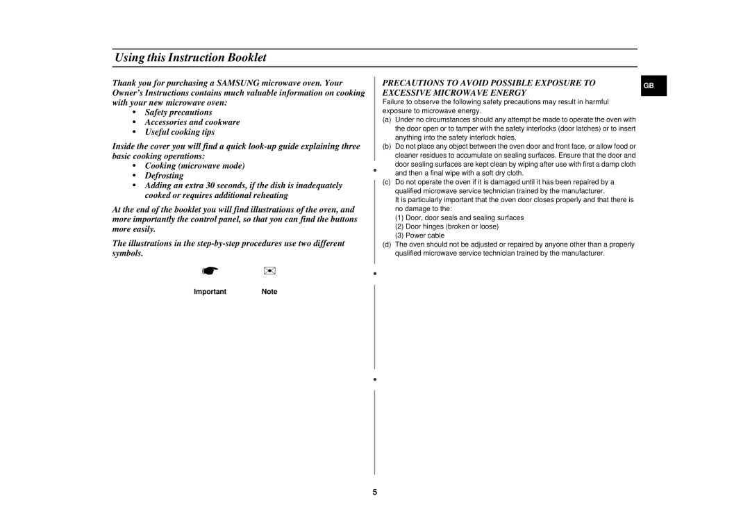 Samsung C139STB, C138STB, C139STT, C138STT, C138STF, C139STF Using this Instruction Booklet, ImportantNote 