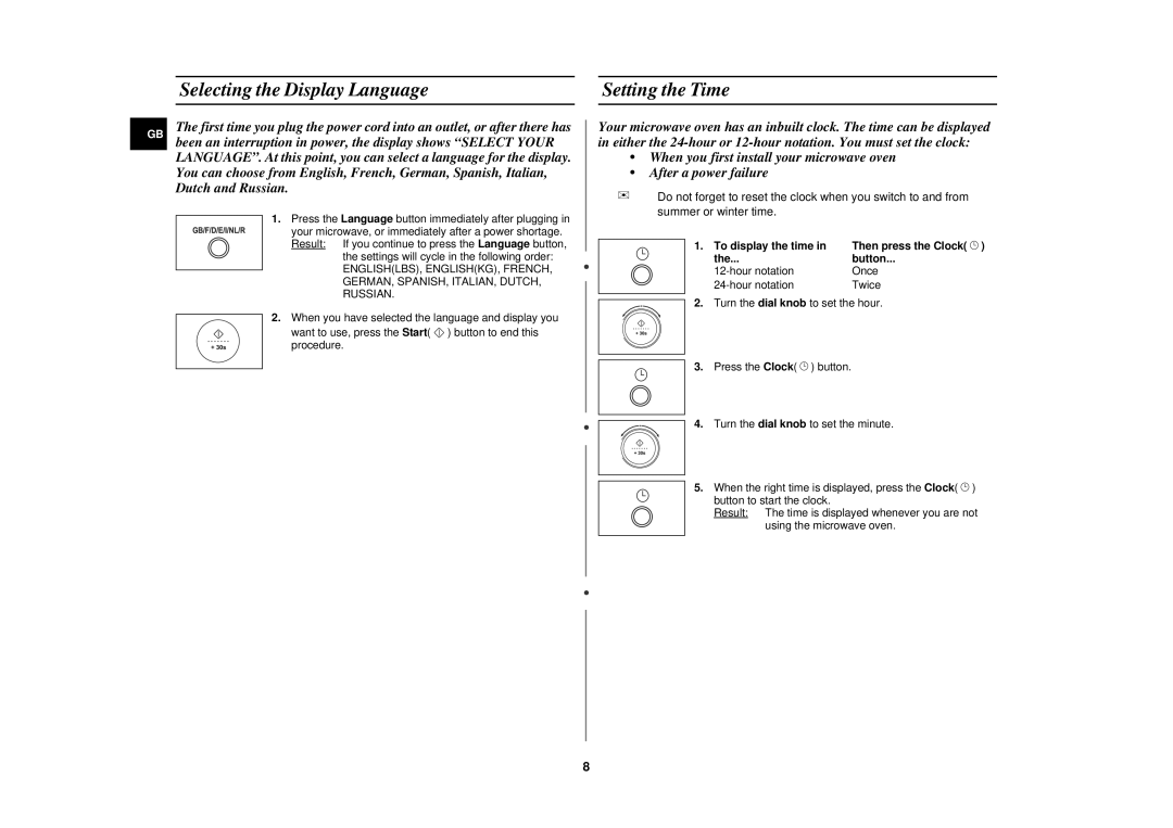 Samsung C139STB, C138STB, C139STT, C138STT Selecting the Display Language, Setting the Time, To display the time, Button 