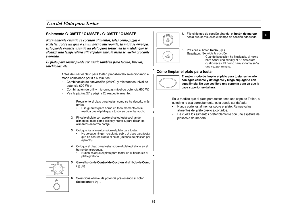 Samsung C139STF/XEC manual Uso del Plato para Tostar, Seleccionar 