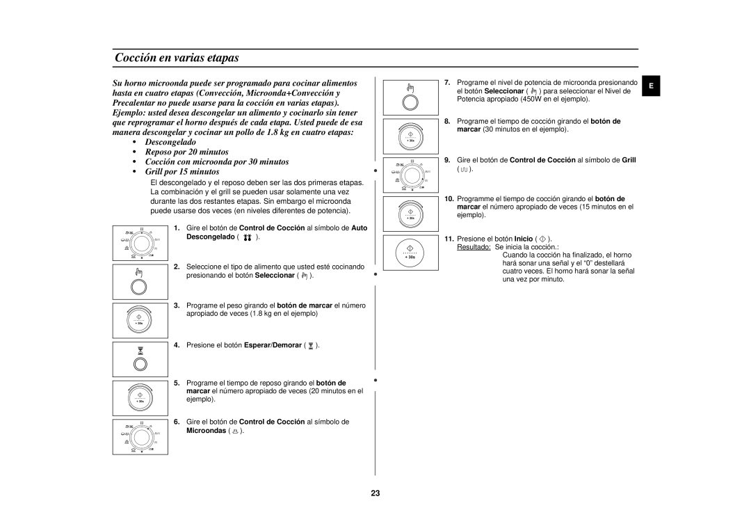 Samsung C139STF/XEC manual Cocción en varias etapas, Descongelado 