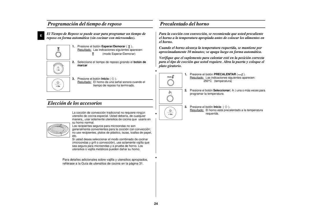 Samsung C139STF/XEC manual Programación del tiempo de reposo, Elección de los accesorios, Precalentado del horno 