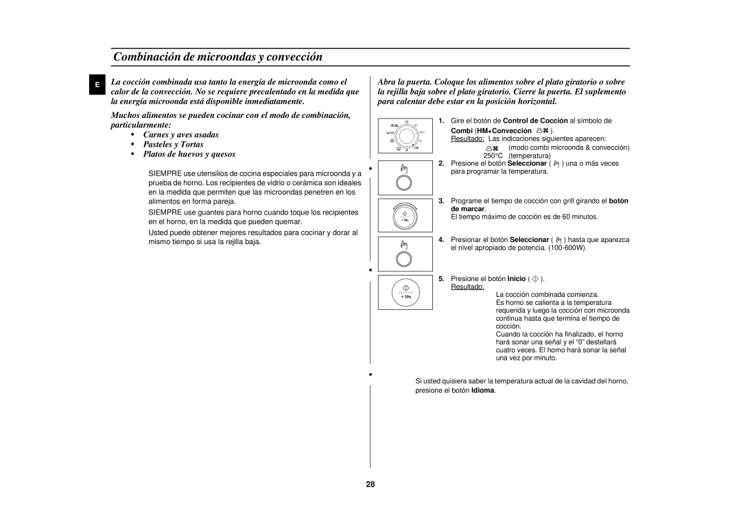 Samsung C139STF/XEC manual Combinación de microondas y convección, Combi HM+Convección 