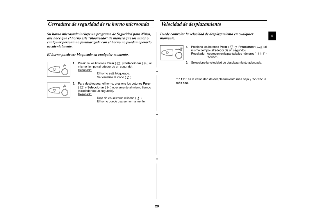 Samsung C139STF/XEC manual Cerradura de seguridad de su horno microonda, Velocidad de desplazamiento 