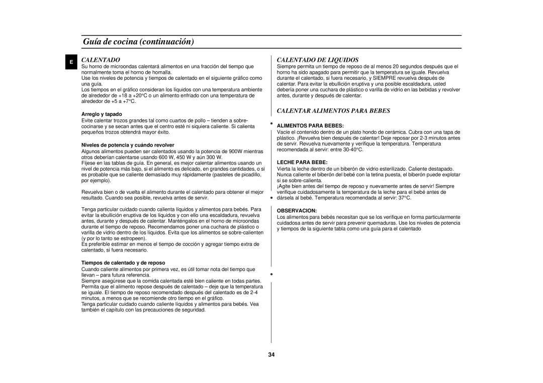 Samsung C139STF/XEC manual Calentado DE Liquidos, Calentar Alimentos Para Bebes 