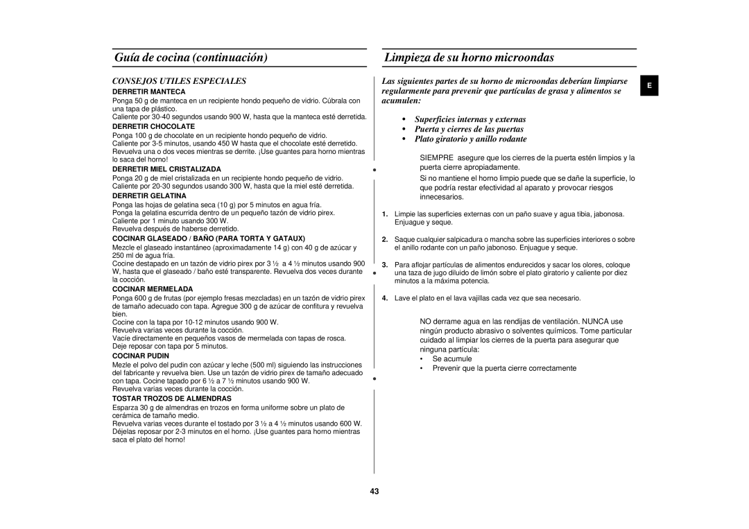 Samsung C139STF/XEC manual Guía de cocina continuación Limpieza de su horno microondas, Consejos Utiles Especiales 