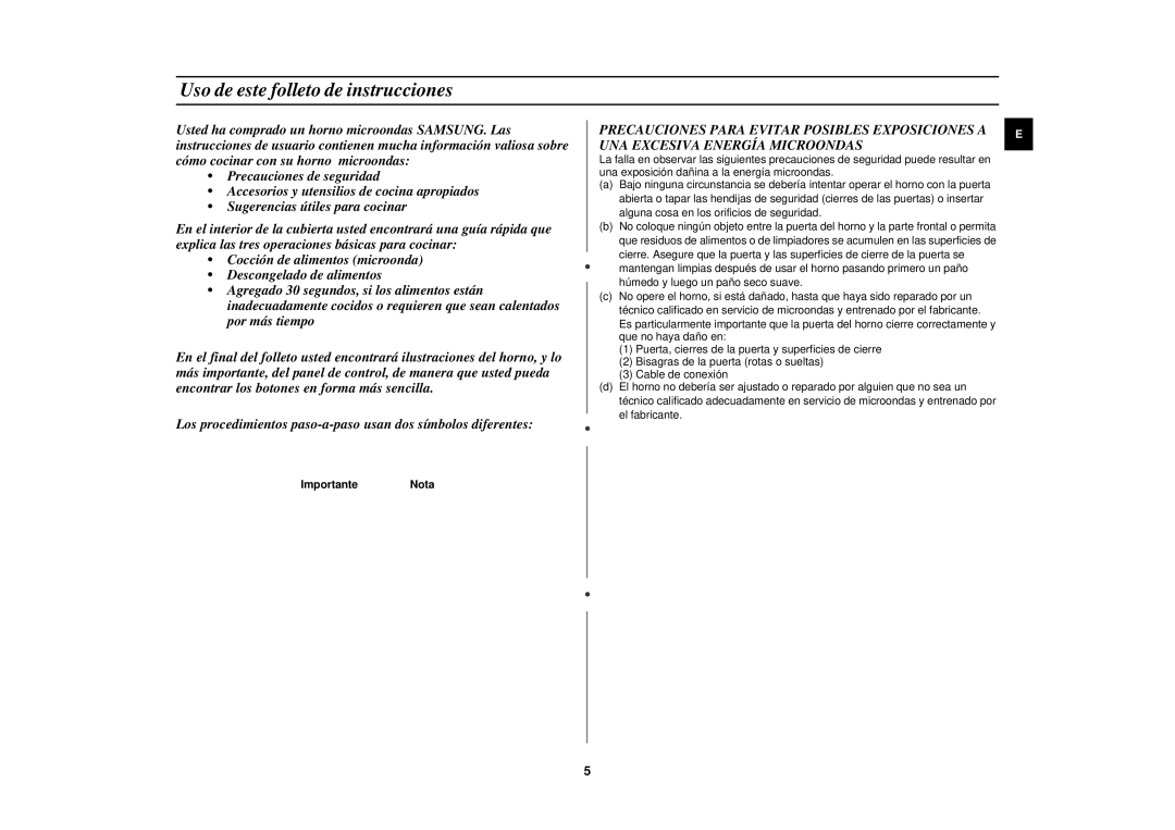 Samsung C139STF/XEC manual Uso de este folleto de instrucciones, ImportanteNota 