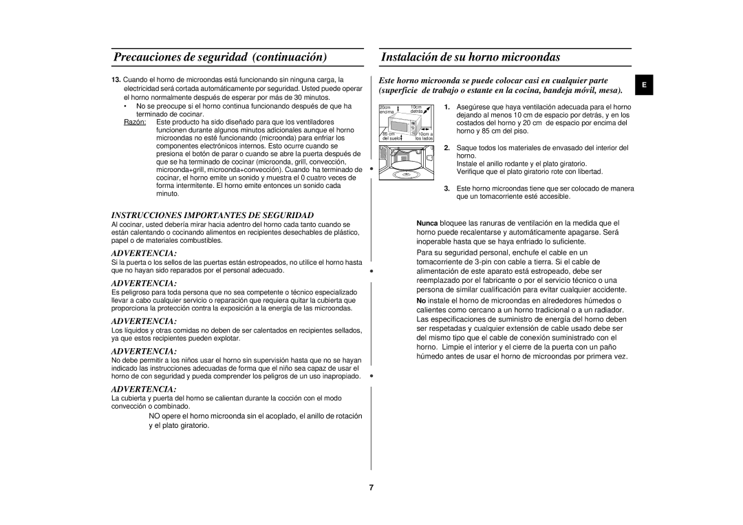 Samsung C139STF/XEC manual Precauciones de seguridad continuación, Instalación de su horno microondas, Advertencia 