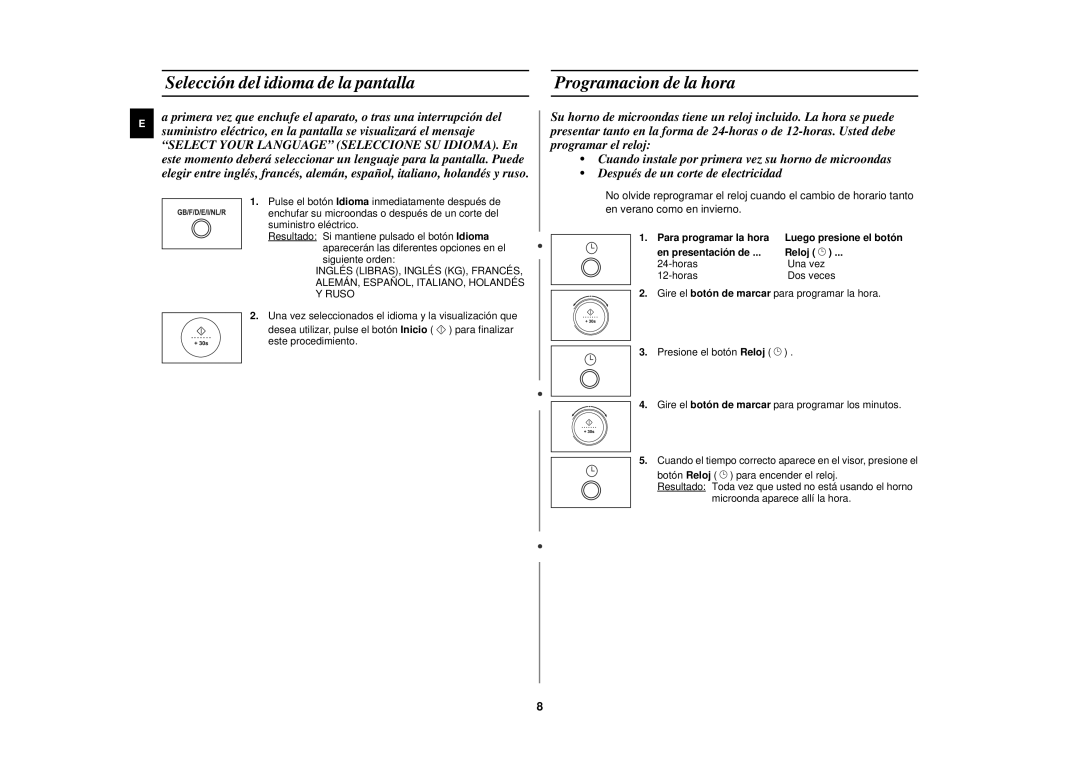 Samsung C139STF/XEC manual Selección del idioma de la pantalla Programacion de la hora, Para programar la hora 