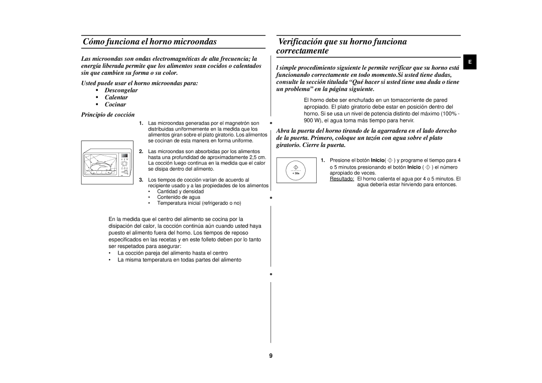 Samsung C139STF/XEC manual Cómo funciona el horno microondas, Verificación que su horno funciona correctamente 