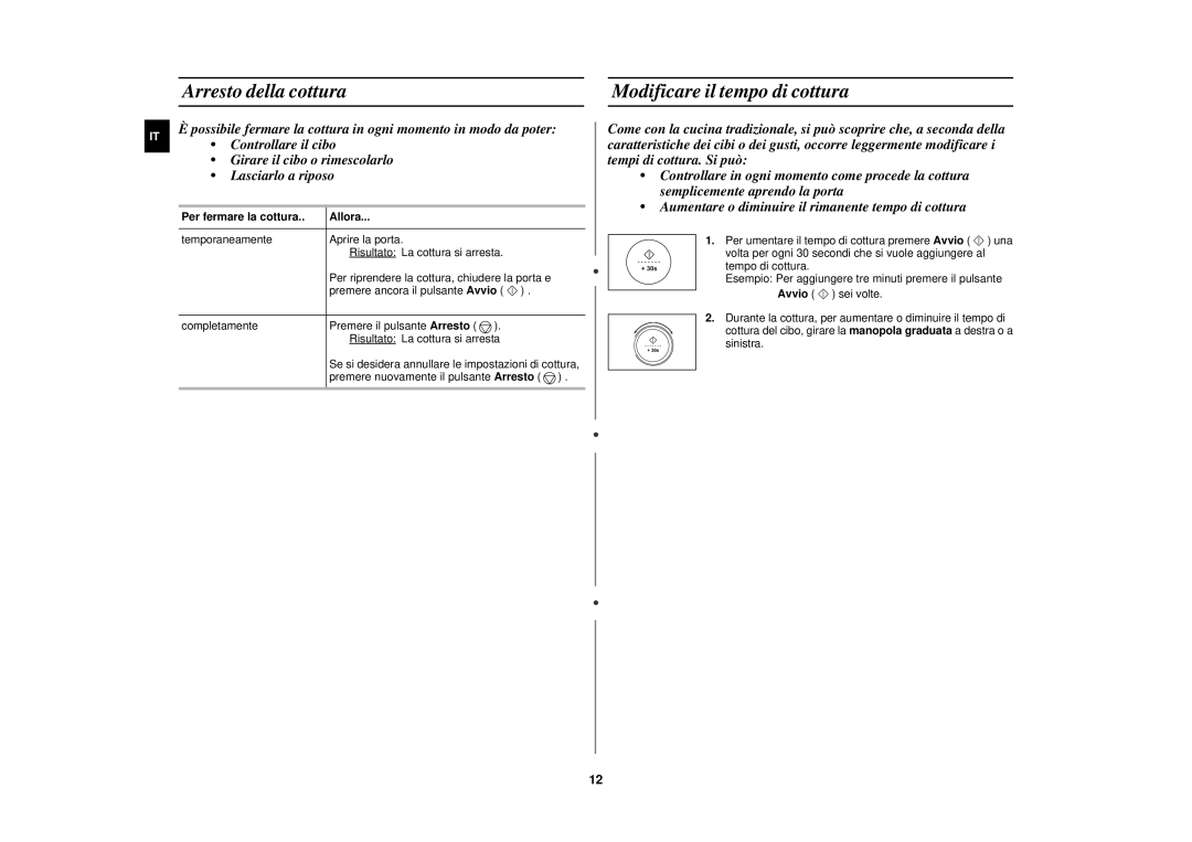 Samsung C139STF/XET manual Arresto della cottura, Modificare il tempo di cottura, Per fermare la cottura Allora 