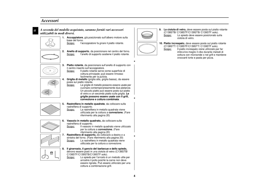 Samsung C139STF/XET manual Accessori, Convezione e cottura combinata, Rastrelliera di supporto, da collocare a destra e a 