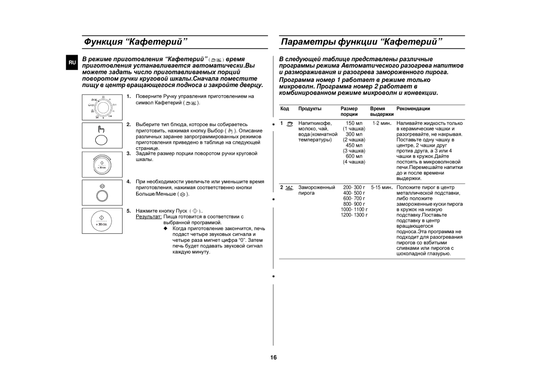 Samsung C139STR-U/BWT, C139STR/SBW, FC139STR/BWT manual Функция Кафетерий, Параметры функции Кафетерий 