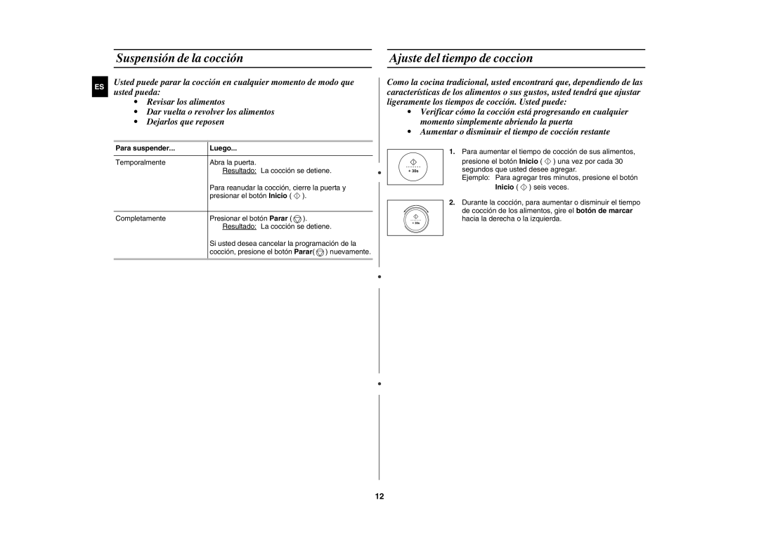 Samsung C139ST/XEC manual Suspensión de la cocción Ajuste del tiempo de coccion, Para suspender Luego 