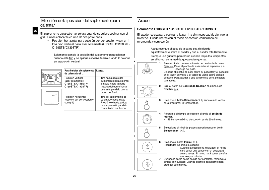 Samsung C139ST/XEC manual Elección de la posición del suplemento para calentar, Asado, Combi 