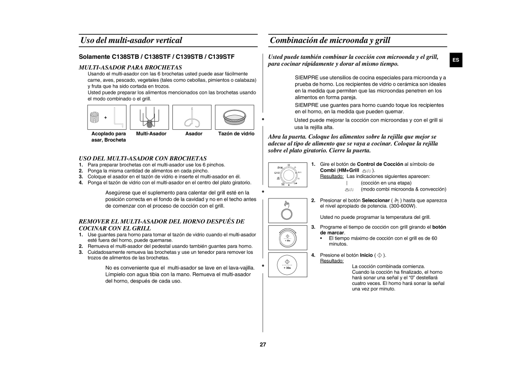 Samsung C139ST/XEC manual Uso del multi-asador vertical, Combinación de microonda y grill, MULTI-ASADOR Para Brochetas 