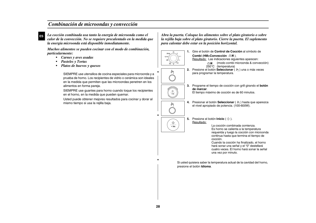 Samsung C139ST/XEC manual Combinación de microondas y convección, Combi HM+Convección 
