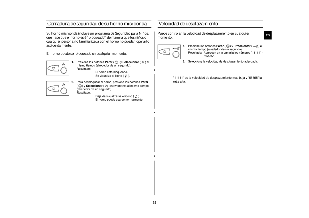 Samsung C139ST/XEC manual Cerradura de seguridad de su horno microonda, Velocidad de desplazamiento 