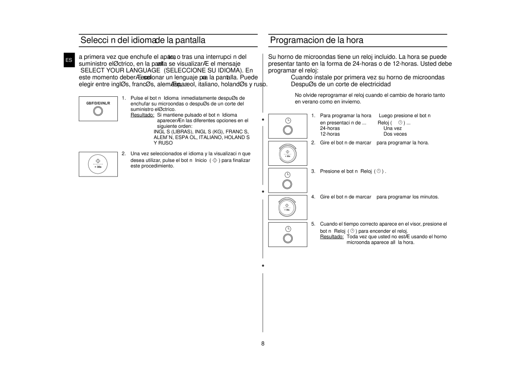 Samsung C139ST/XEC manual Selección del idioma de la pantalla Programacion de la hora, Para programar la hora 