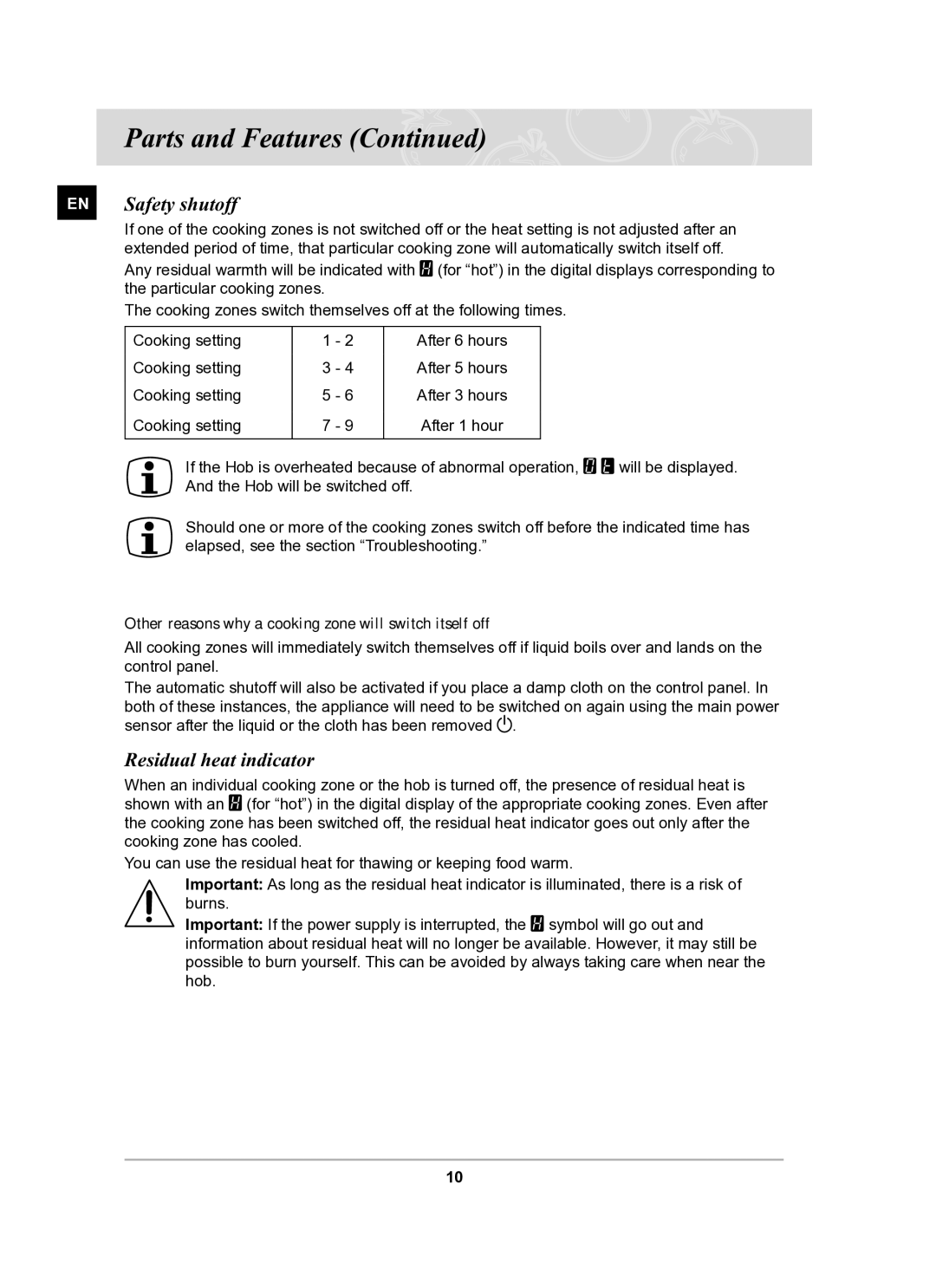 Samsung C21RJAN manual EN Safety shutoff, Residual heat indicator 