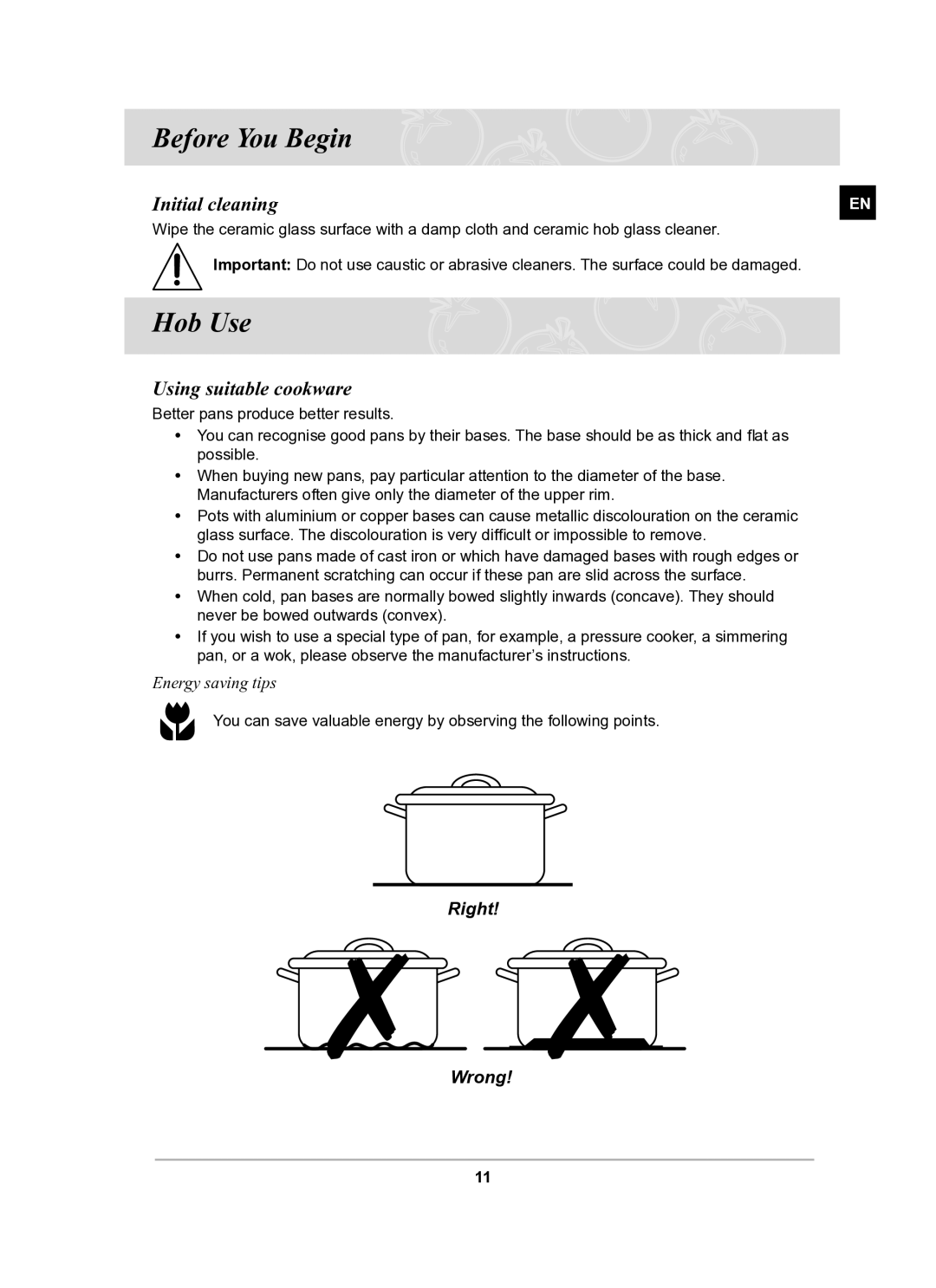 Samsung C21RJAN manual Before You Begin, Hob Use, Initial cleaning, Using suitable cookware 