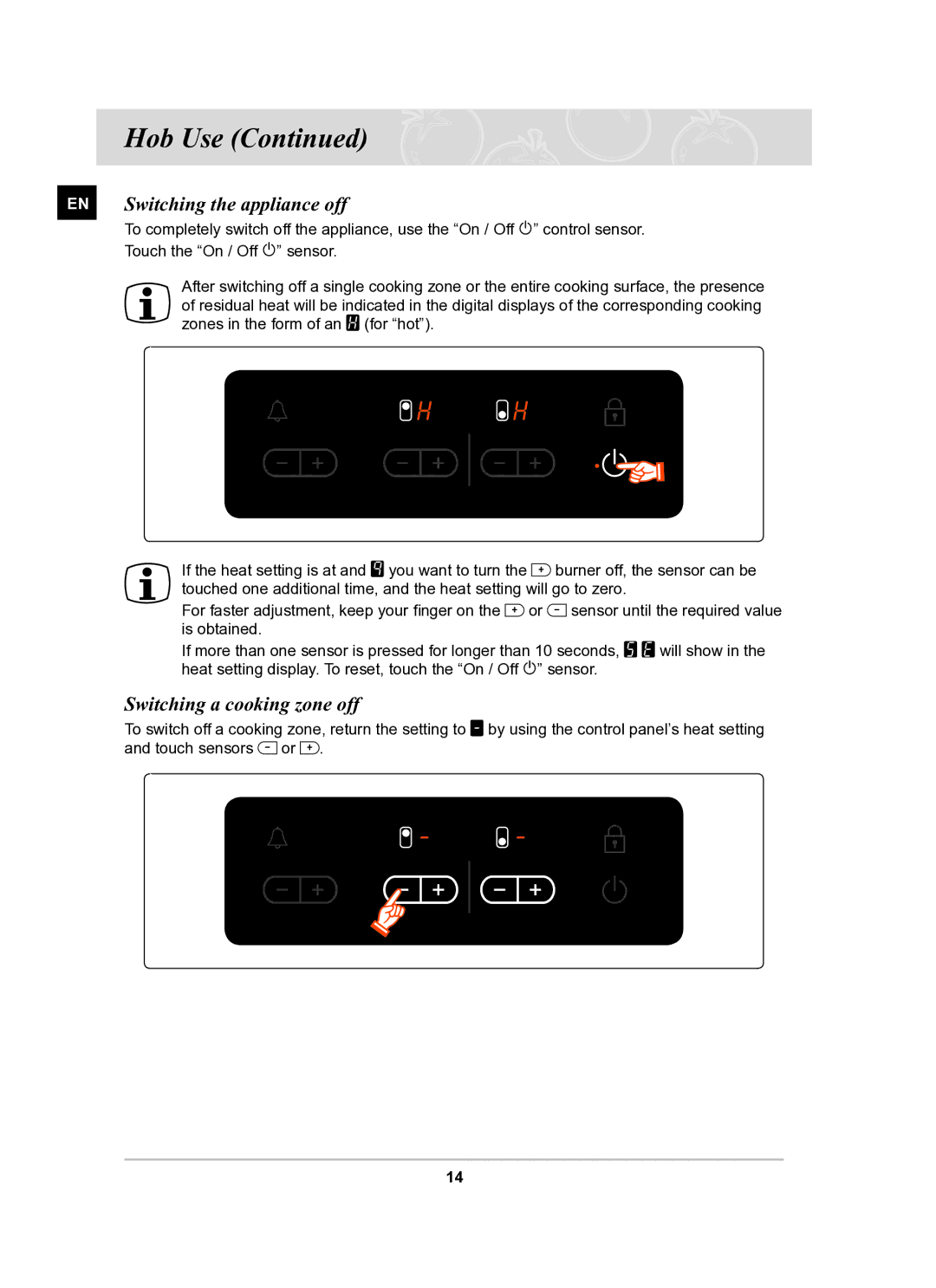 Samsung C21RJAN manual EN Switching the appliance off, Switching a cooking zone off 