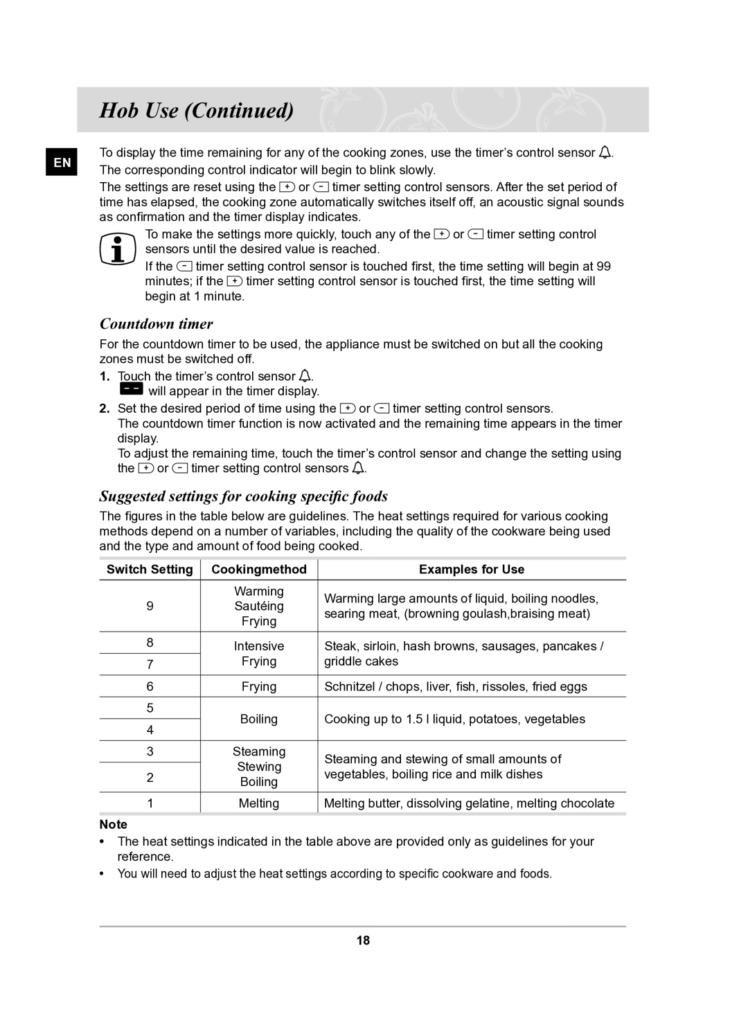 Samsung C21RJAN manual Countdown timer, Suggested settings for cooking specific foods 