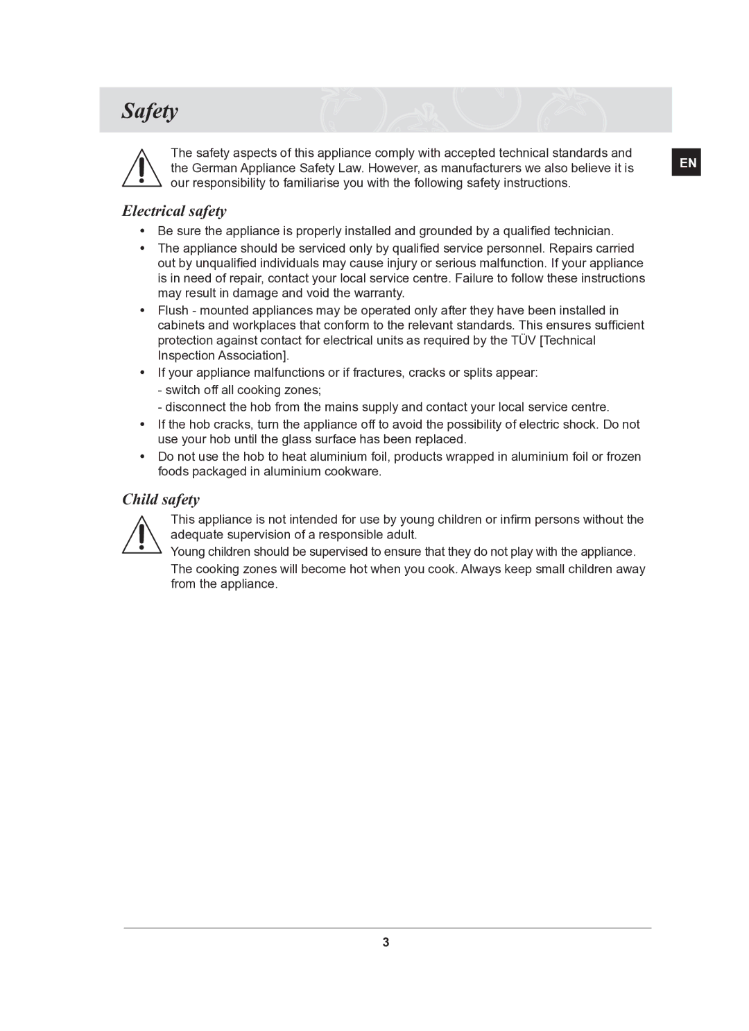 Samsung C21RJAN manual Safety, Electrical safety, Child safety 