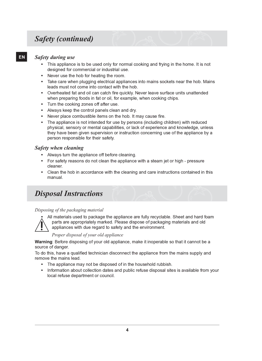 Samsung C21RJAN manual Disposal Instructions, EN Safety during use, Safety when cleaning 