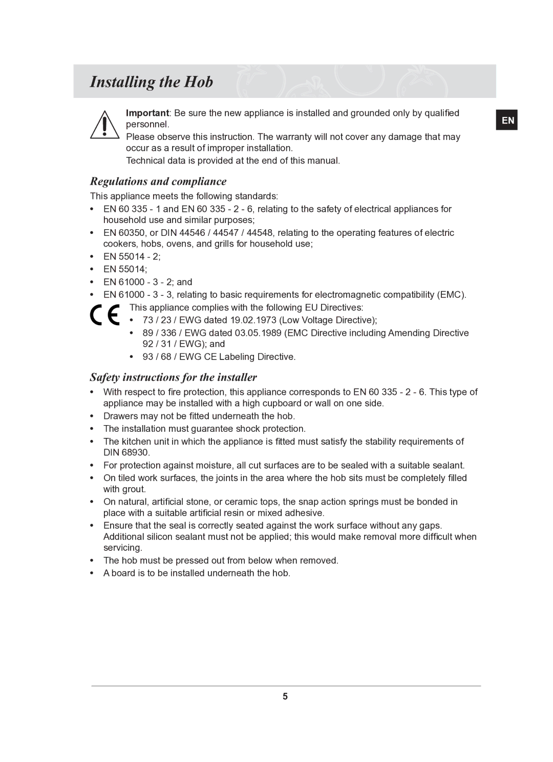 Samsung C21RJAN manual Installing the Hob, Regulations and compliance, Safety instructions for the installer 