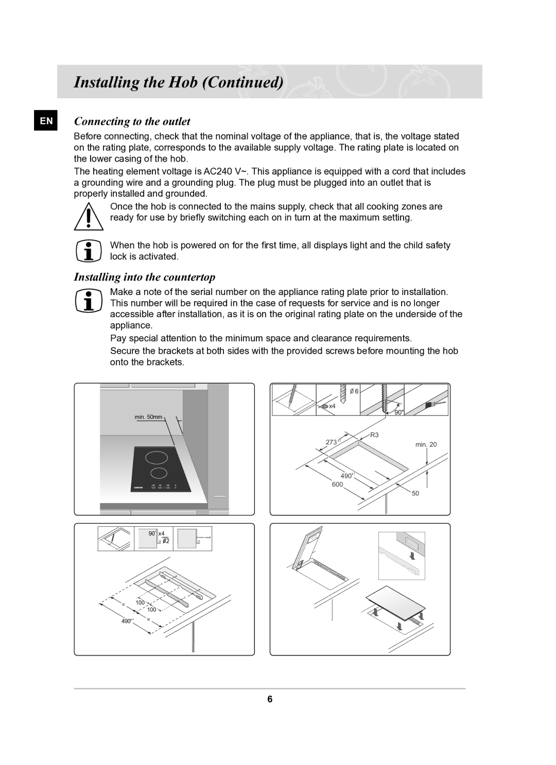 Samsung C21RJAN manual EN Connecting to the outlet, Installing into the countertop 