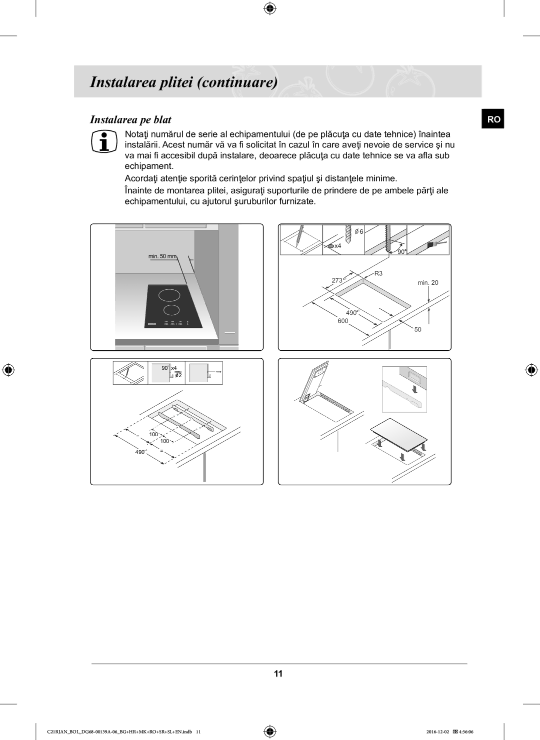 Samsung C21RJAN/BOL manual Instalarea plitei continuare, Instalarea pe blat 