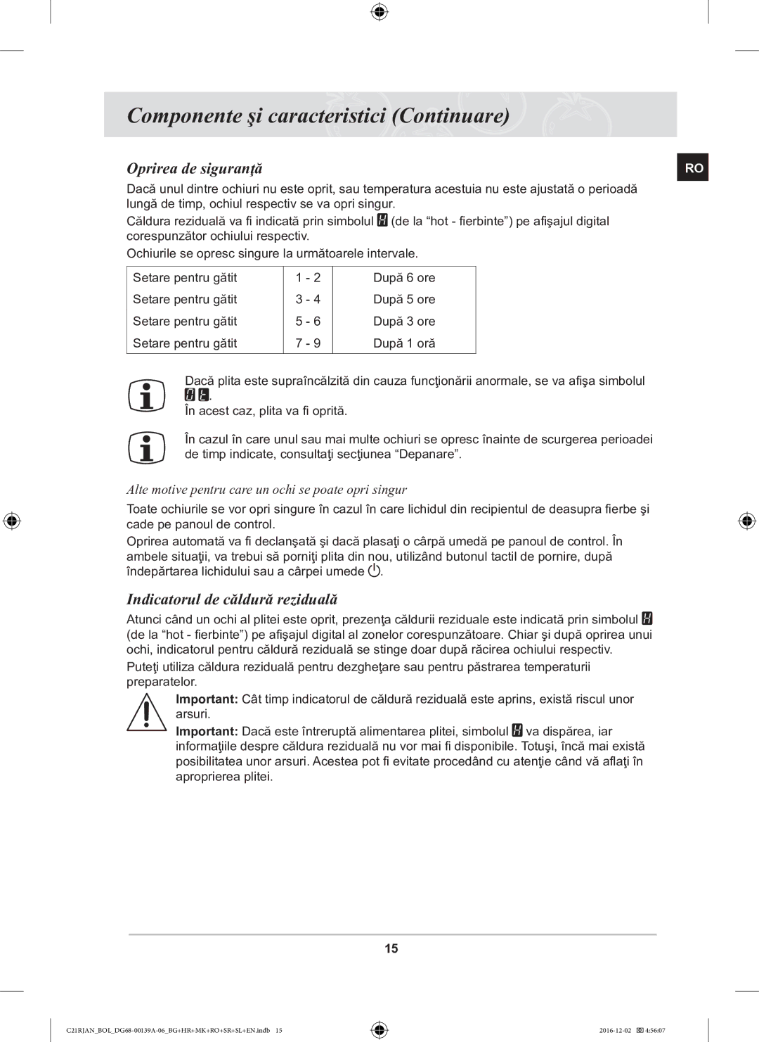 Samsung C21RJAN/BOL manual Oprirea de siguranţă, Indicatorul de căldură reziduală 