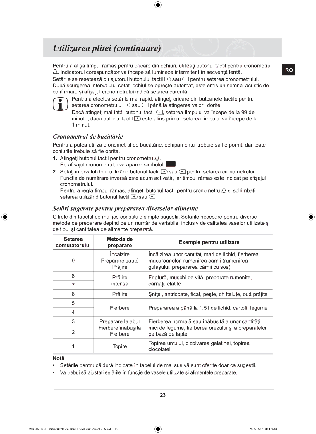 Samsung C21RJAN/BOL manual Cronometrul de bucătărie, Setări sugerate pentru prepararea diverselor alimente, Notă 