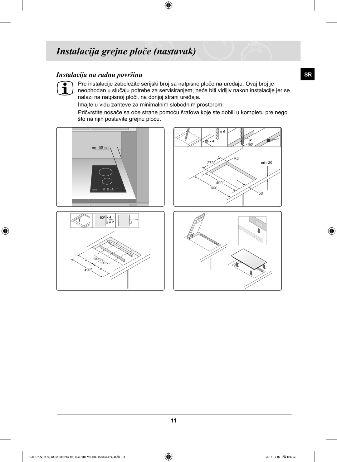 Samsung C21RJAN/BOL manual Instalacija grejne ploče nastavak, Instalacija na radnu površinu 