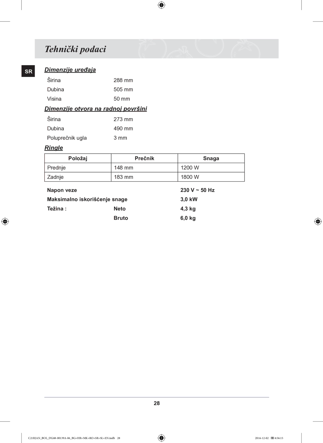 Samsung C21RJAN/BOL manual Dimenzije otvora na radnoj površini, Ringle, Položaj Prečnik Snaga 