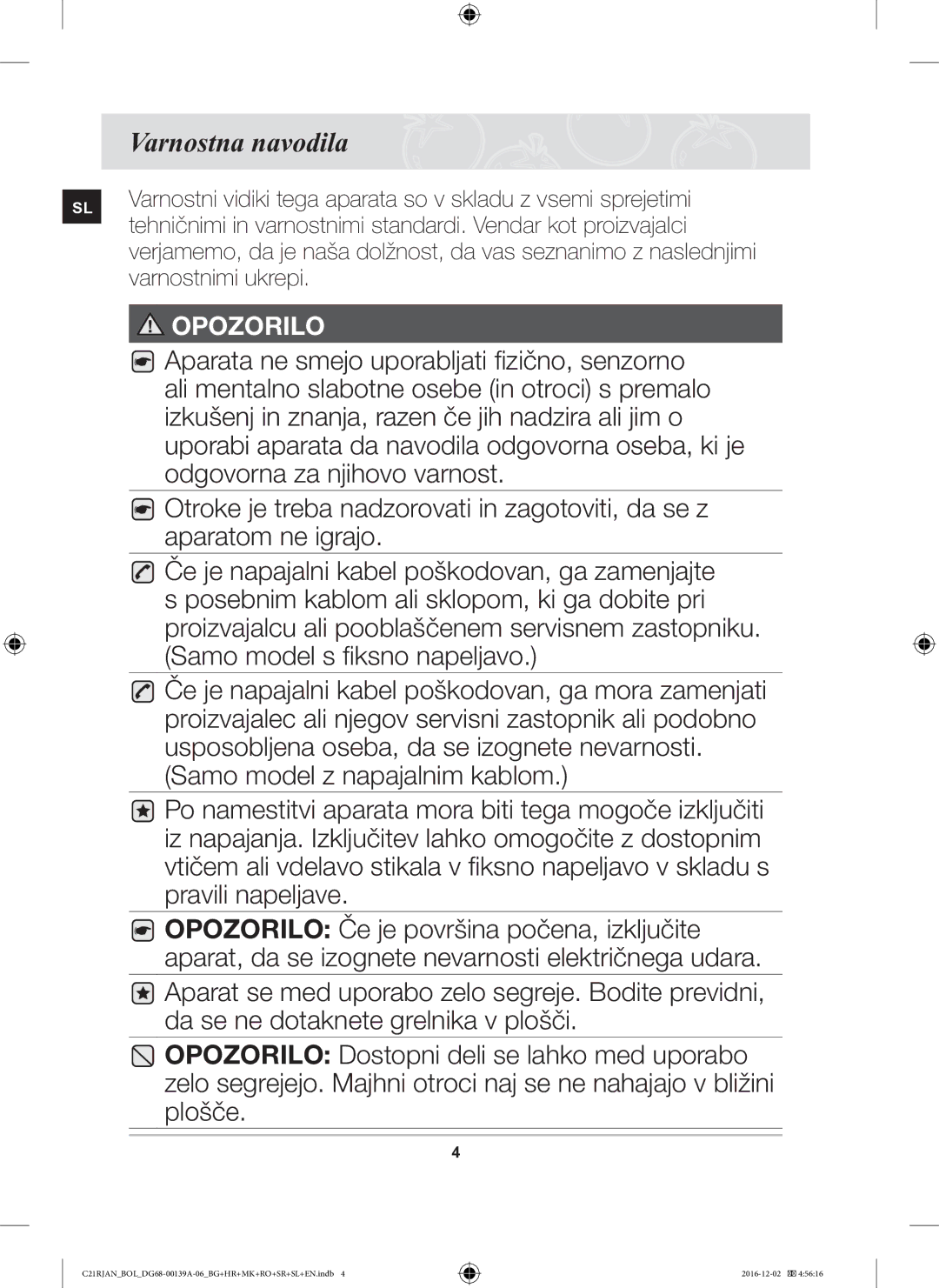 Samsung C21RJAN/BOL manual Varnostna navodila 