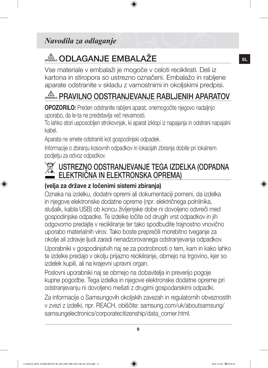 Samsung C21RJAN/BOL manual Opozorilo Odlaganje Embalaže, Navodila za odlaganje 