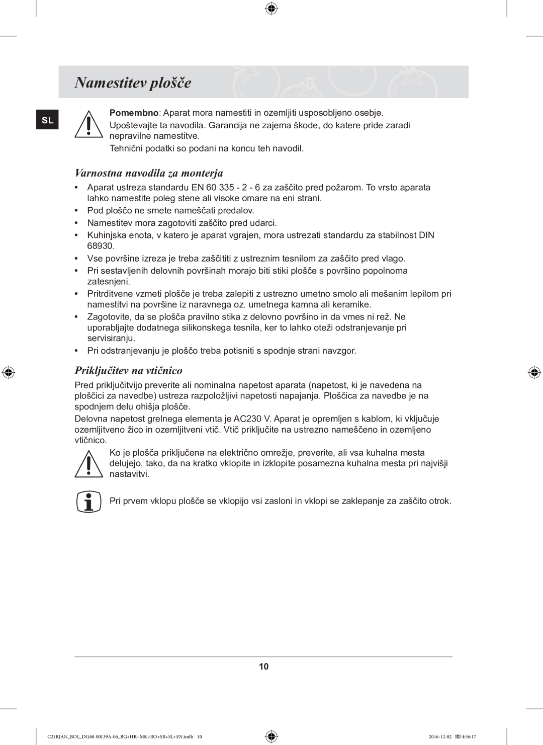 Samsung C21RJAN/BOL manual Namestitev plošče, Varnostna navodila za monterja, Priključitev na vtičnico 