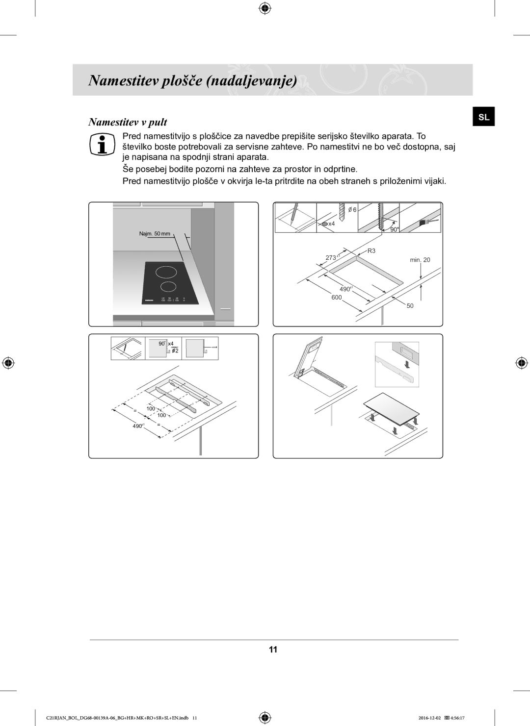 Samsung C21RJAN/BOL manual Namestitev plošče nadaljevanje, Namestitev v pult 