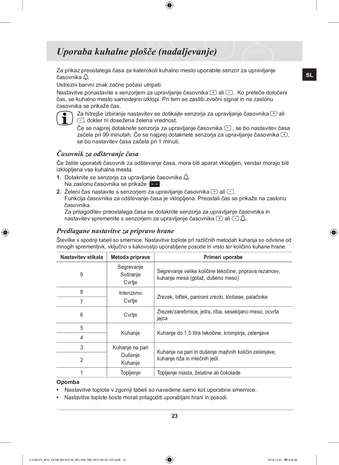 Samsung C21RJAN/BOL manual Časovnik za odštevanje časa, Predlagane nastavitve za pripravo hrane, Primeri uporabe, Opomba 