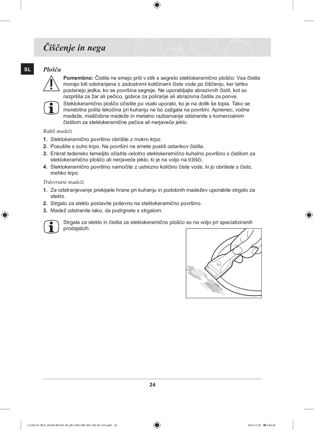 Samsung C21RJAN/BOL manual Čiščenje in nega, SL Plošča 