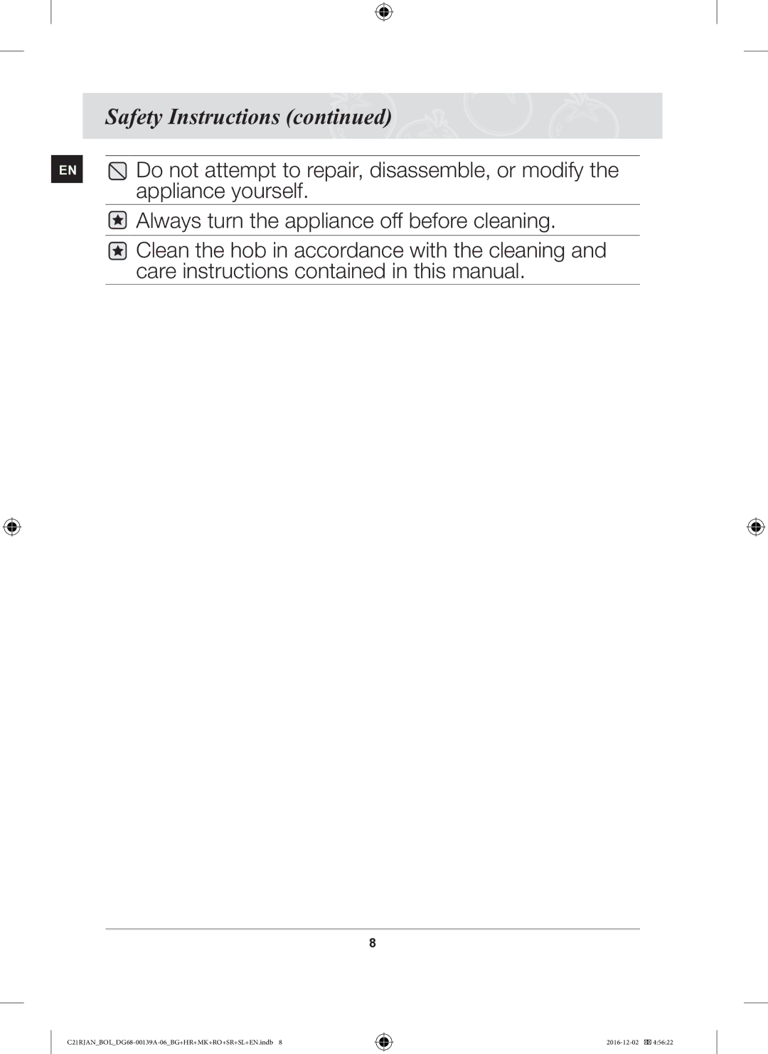 Samsung C21RJAN/BOL manual Do not attempt to repair, disassemble, or modify 